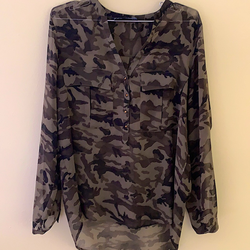 Zara Sheer Camo Print Blouse